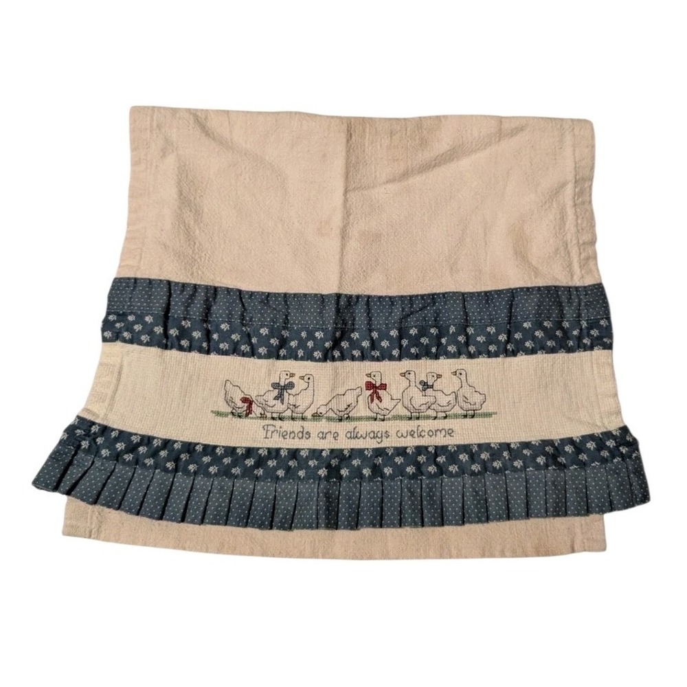 Handmade Vintage Geese Cross Stitch Tea Towel Friends Are Always Welcome Ruffled